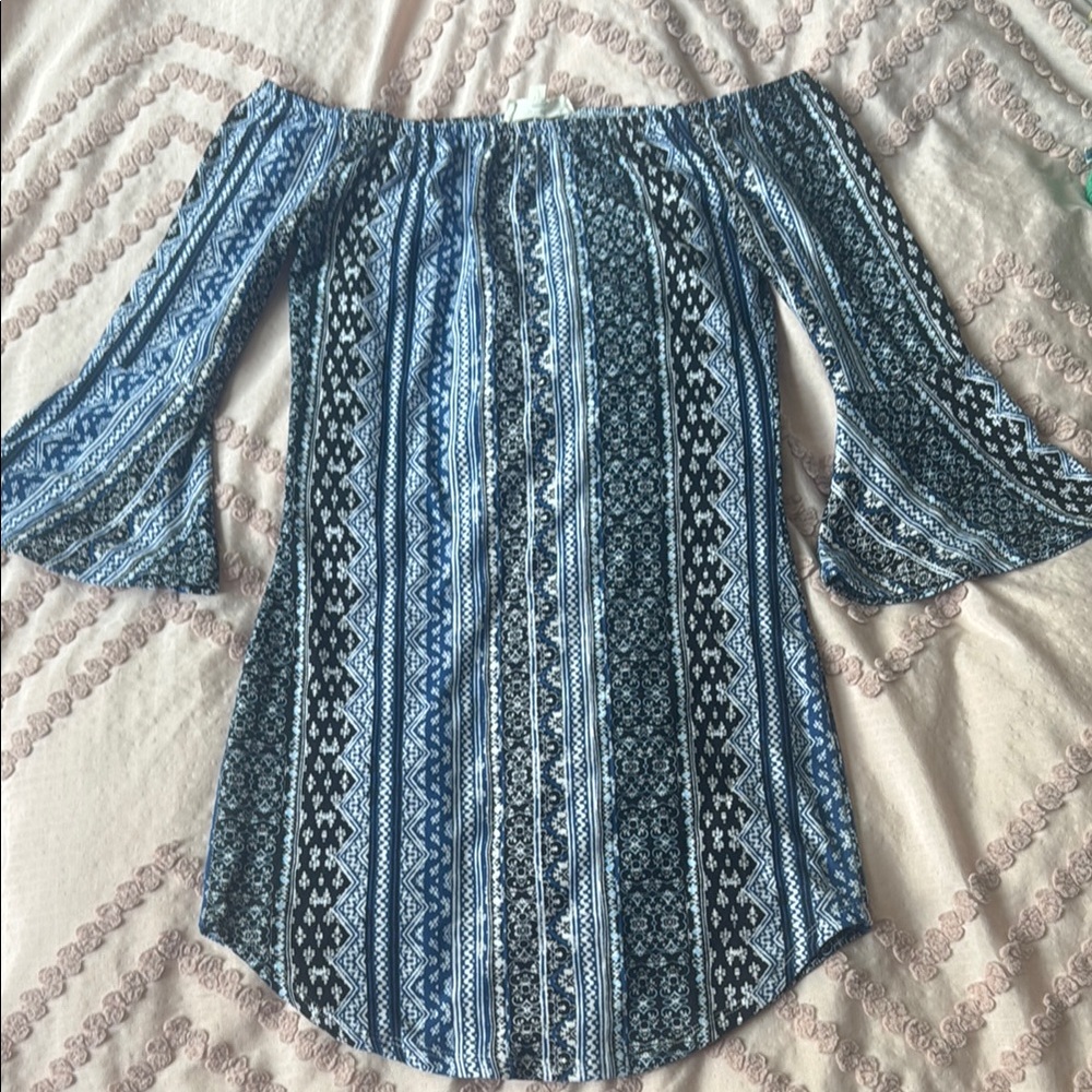 Blue Patterned Off-Shoulder Women's dress